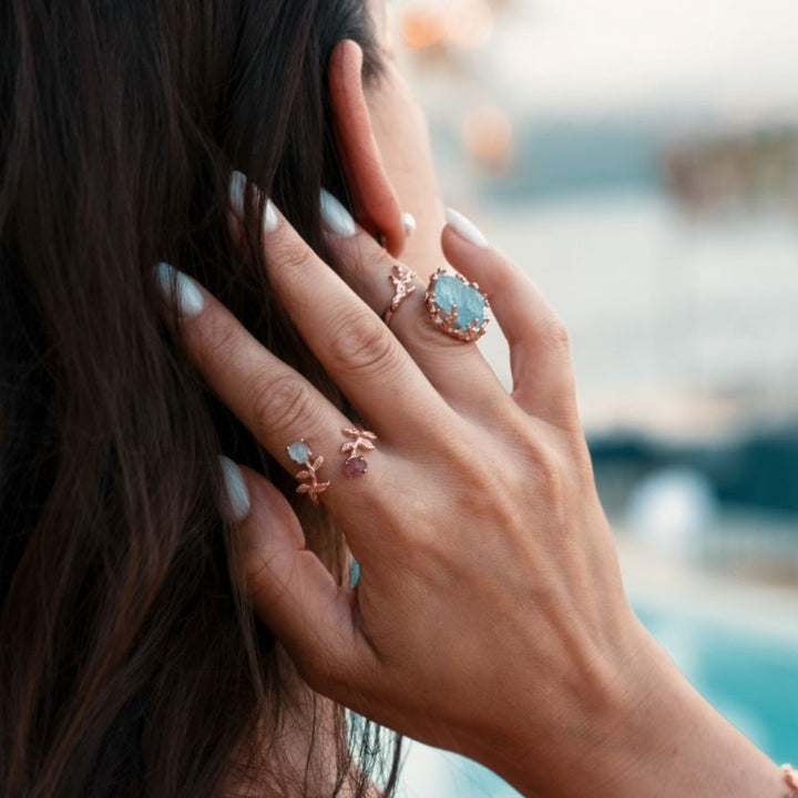 Goddesses Garden ring – Rhodochrosite and Aquamarine