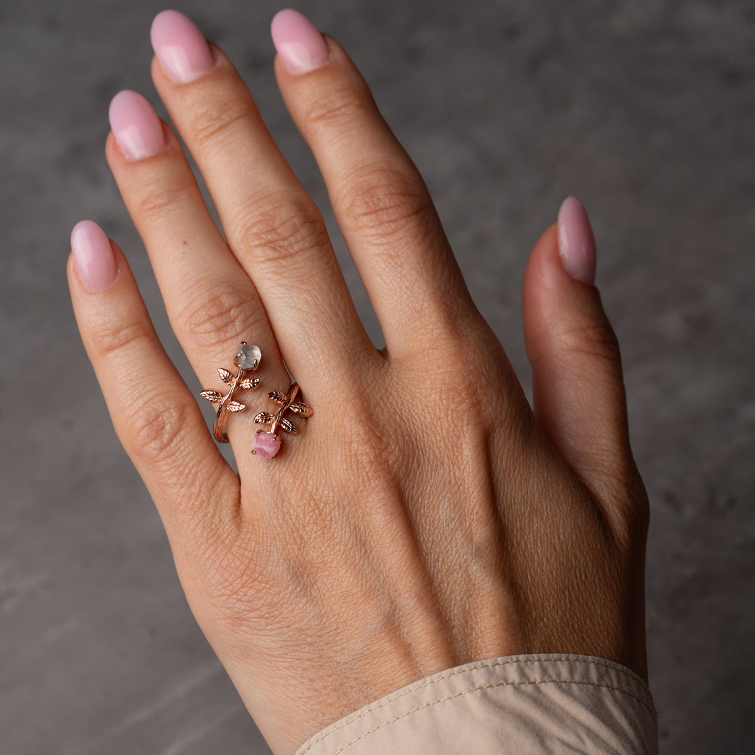 Goddesses Garden ring – Rhodochrosite and Aquamarine
