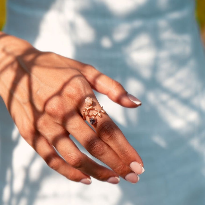 Goddesses Garden Ring – Rose Quartz and Iolite