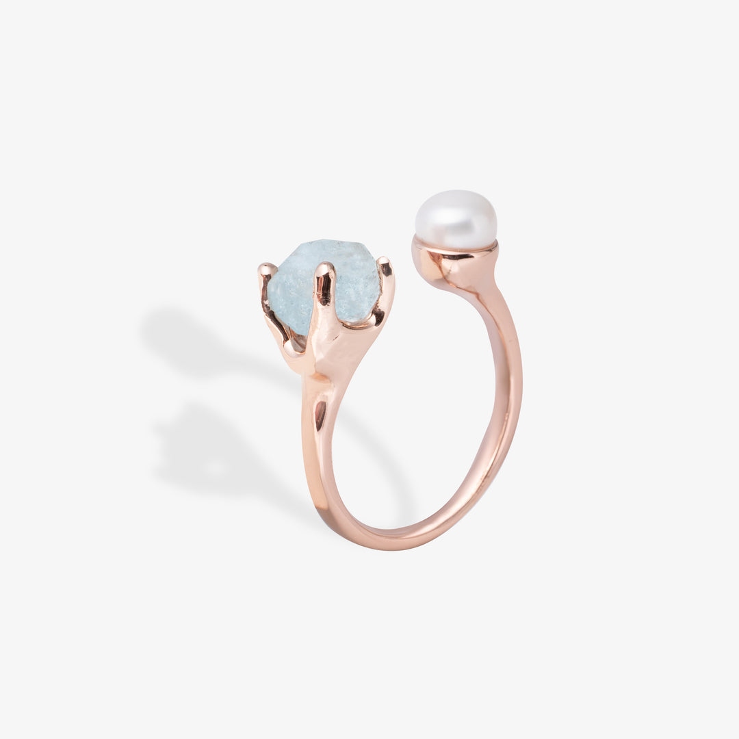 Goddesses Tears ring – Pearl and Aquamarine